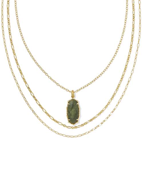 Elle Vintage Gold Bamboo Frame Triple Strand Necklace in Sage Serpentine